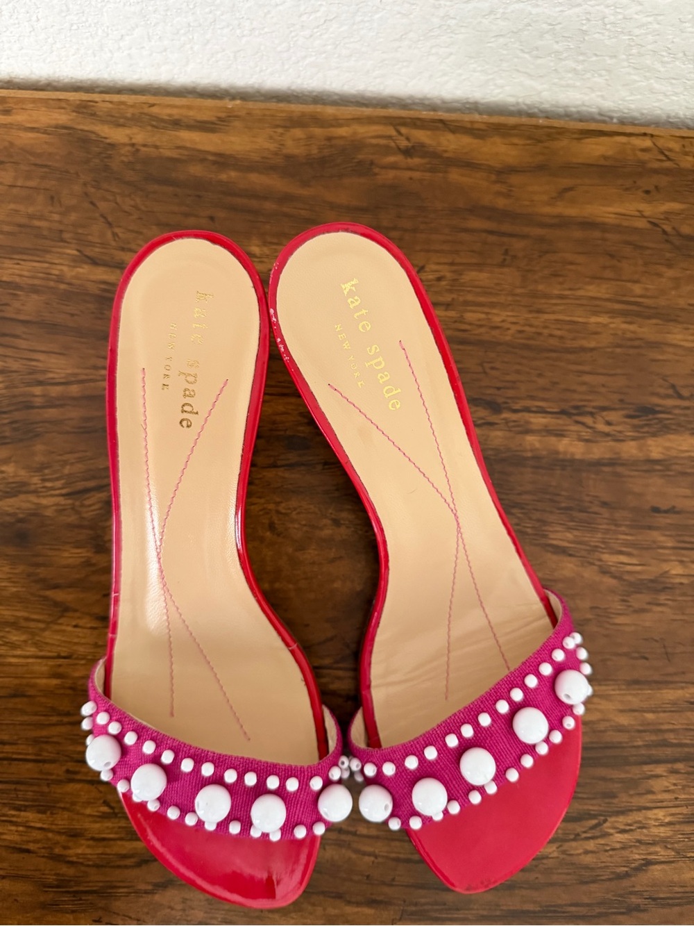 Kate Spade New York Pink & Red Leather Kitten Heel with Pearl Embellishments - Picture 4 of 9